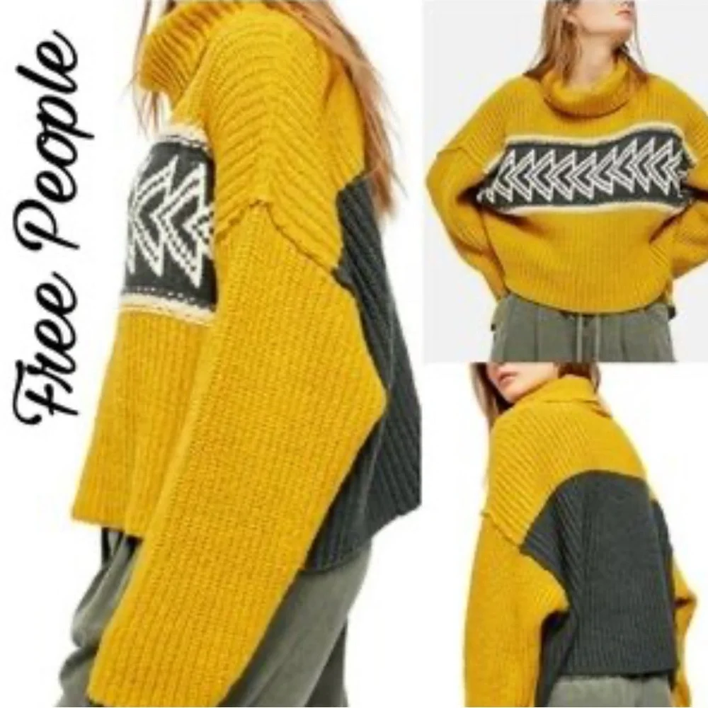 Free People Yellow and Black Patterned Turtleneck Sweater - Picture 2 of 6